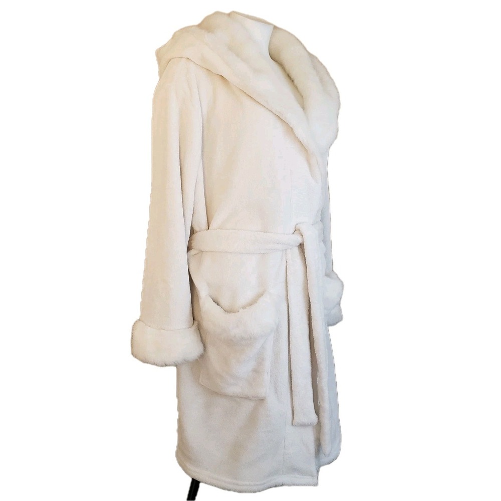 Pottery Barn‎ PB Teen Hooded Robe L Ivory Plush Faux Fur Trim Hooded Spa Bath OS